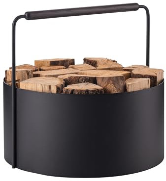 blomus Holzkorb ASHI | Feuerholzkorb mit Griff in Schwarz | 48L x 46B x 42H cm | Karminkorb aus pulverbeschichtetem Stahl und Eiche