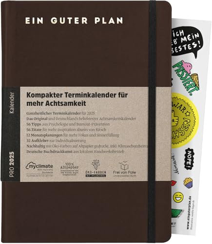 Ein guter Plan Pro 2025– Kompakter Terminkalender für mehr Achtsamkeit im Alltagschaos – Datierter Planer mit Kunstledereinband, Gummiband und Froschtasche (Leder 2025)