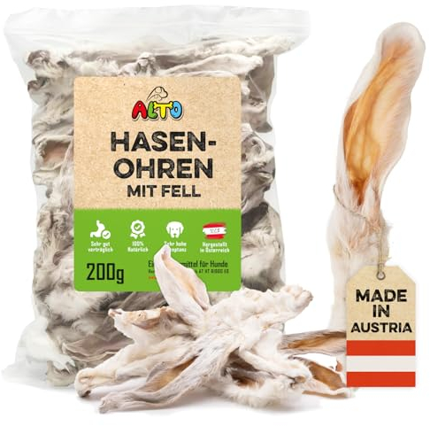 ALTO - Premium Hasenohren mit Fell für Hunde - 200g Ganze Kaninchenohren mit Fell für Hunde - Qualität aus Österreich - 100% Natürliches Hundeleckerli, Welpen Leckerlies
