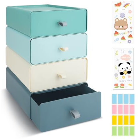 4 PCS Desktop Stackable Organiser, Plastic Storage Boxes with 4 Drawers, Desk Makeup Organizer with 3 Tabs, Small Office Storage for Stationery Makeup, Supplies Bathroom Dorm(4 Colors)