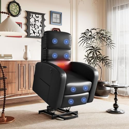 FLEXISPOT Recliner Armchair Lift Chair with Massage & Heat, Extended Footrest, USB Ports, Dual Side Pockets Reclining Chairs Lounge Sofa Black