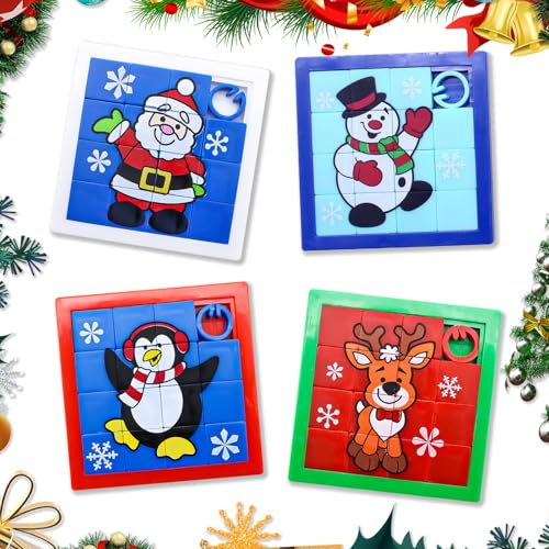VEQENIFY 4 Stück Schiebepuzzle Kinder,Weihnachten Schiebe Puzzle，Kleinigkeiten für Adventskalender，Es gibt Elch，Schneemann，Weihnachtsmann und Pinguin，Weihnachten Geschenke