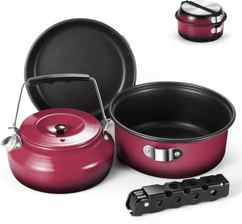 Odoland Lot de 5 ustensiles de cuisine antiadhésifs légers avec poignée amovible – Parfait pour la randonnée, le camping, la randonnée et le pique-nique Rouge