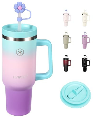 ICEWATER - 40 oz Tumbler with Handle & 2 Lids (Standard Straw and Flip Straw) | 100% Leak Proof | Cup Holder Friendly | Insulated Water Bottle for Coffee | Keep Cold for 36 Hours (Violet)