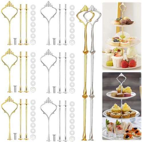 YOUNGSAY 6 Stk Etageren Stangen Set, 2 bis 3 Etagen Metall Etageren Stangen, Gold und Silber Etagere Stangen für Desserts Keks Süßigkeiten und Früchte