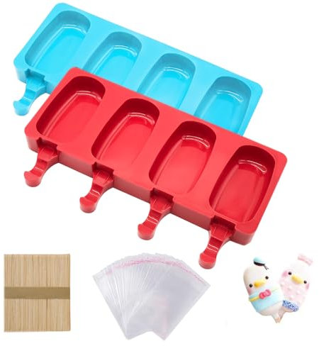 Eisformen Eis Am Stiel Silikon 2 Stück, Eis am Stiel Formen mit 4 Hohlräumen & Cake Pop Backform – Inkl. 50 Holzstielen + 50 Beuteln | BPA-frei, Spülmaschinengeeignet für Eis, Kuchen & Schokolade