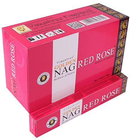 Golden Nag Verschiedene Düfte Original aus Indien Handgerollt Meditation Entspannung Aromatisch GRATIS Räucherstäbchen Halter (Red Rose, 12)
