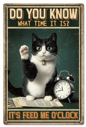 GLOBLELAND Metallblechschild Mit Katzenwecker 8x12 Zoll „It'S Feed Me O'Clock“ Vintage Malerei Blechschilder Wandplakat Plakette Für Küche Esszimmer Katzenliebhaberzimmer Café Wohnzimmer