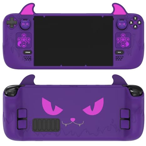 PlayVital Cover Skin per Steam Deck OLED/LCD, Custodia Silicone Protettiva Grip Antiscivolo&Copri Levette Analogiche&Adesivi per Trackpad&Tasti Posteriori, Demone Carino, Viola