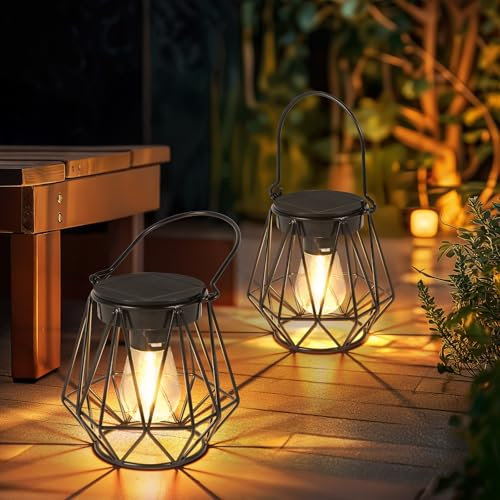 Ketom 2 Piezas Farolillos Solares Exterior, IP65 Impermeable Faroles Solares, Metal Lampara Solar Jiardin, Colgante/De Pie, para Decoración Terraza, Patio, Balcón, Camping, Hexagonal