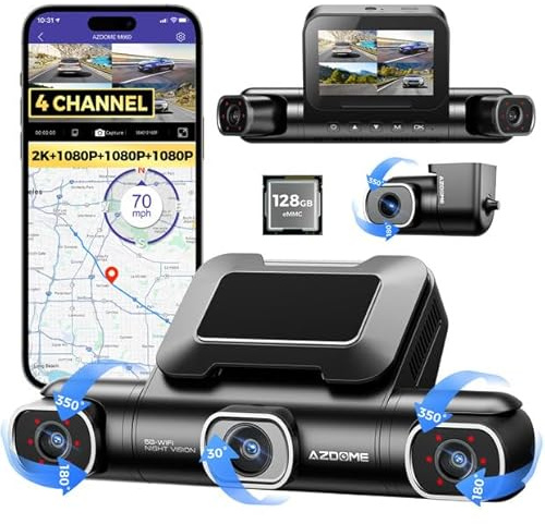 AZDOME 4 Channel Dash Cam, 2K Front + 3×1080P Rear Cameras, 360° Coverage System with Built-in 128GB eMMC, 5GHz WiFi, GPS, Voice Control, Night Vision, G-Sensor, 24H Parking Mode, Fatigue Alert(M660)