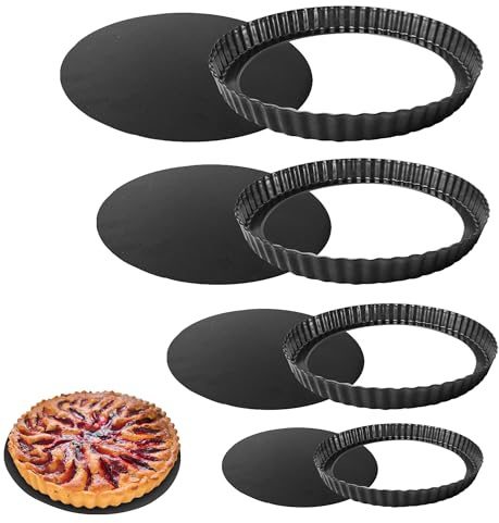 WeeGoo Carbon Steel Tart Tin, 4 Pack Round Quiche Dishes 20/22/24/26 cm | Non Stick, Flan Tins with Removable Bottom, for Baking Oven Pie Pan