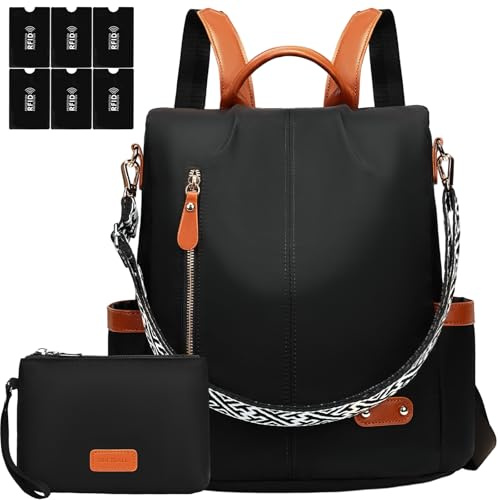 ONETOALL Rucksack Damen Klein Diebstahlsicher mit 6 RFID Blocker Schutzhüllen, Cityrucksack Damen Elegant, Damenrucksack Handtasche Modern, für Städtetrip Alltag Unterwegs Braun Nylon