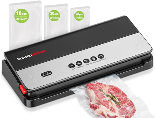 Bonsenkitchen Vacuum Sealer Machine, High-Speed Continuous Working with Globefish Technology, Built-in Cutter & Bag Storage, Multi-Functional Food Sealer with 50 Pre-cut Bags and 1 Roll Bag (Black)