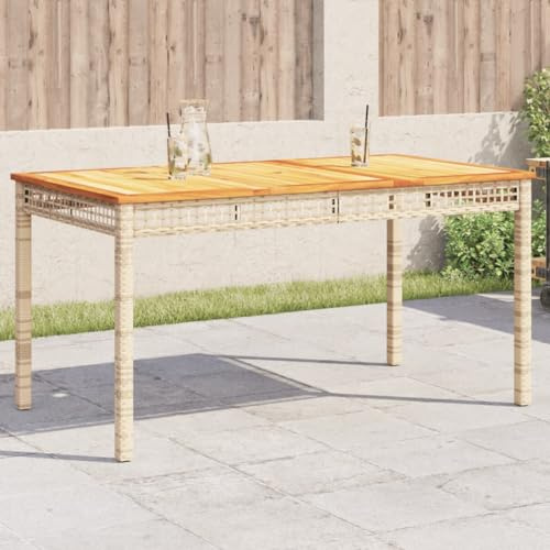 QUAHEAS Gartentisch Beige 140x80x75 cm, Poly Rattan & Akazienholz, UV-beständig, robuster Outdoor Esstisch für Garten, Terrasse, Balkon, pflegeleichter Patio Tisch