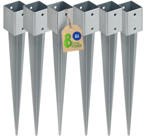 BirnePower Pfostenträger 6er Set 91x91 mm Einschlagbodenhülsen Pfostenanker Square Erdanker Erdspieß Bodenanker Einschlaghülse aus Stahl zum Einschlagen für Holzpfosten Feuerverzinkt Länge 750 mm