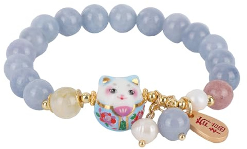 Mikovivi Bracelet Chat Porte-Bonheur pour Femme, Bracelet Maneki Neko en Cristal Bleu Bijou Feng Shui de Bonne Fortune et Protection