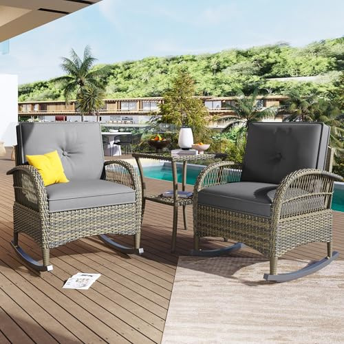 Httcg Rattan Gartenmöbel Set für 2 Personen, Balkonmöbel Set 3 teilig mit 2 Schaukelstühlen und Glastisch, Terrassenmöbel Lounge Gartenmöbel mit Kissen und Sitzauflagen, Gartenmöbelset, Grau