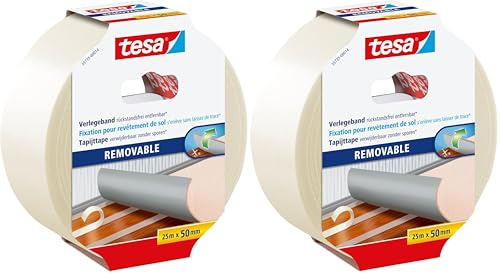 tesa Verlegeband rückstandsfrei entfernbar - Gewebeverstärktes, doppelseitiges Klebeband zum Verkleben von Teppich- und PVC-Bodenbelägen - 25 m x 50 mm (Packung mit 2)