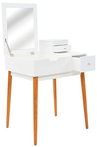 FWIKDUN Schminktisch mit Spiegel und Aufbewahrungsfächern aus MDF in Weiß, Frisiertisch mit stabilen Holzbeinen und Glas Spiegel, Maße 60 x 50 x 86 cm
