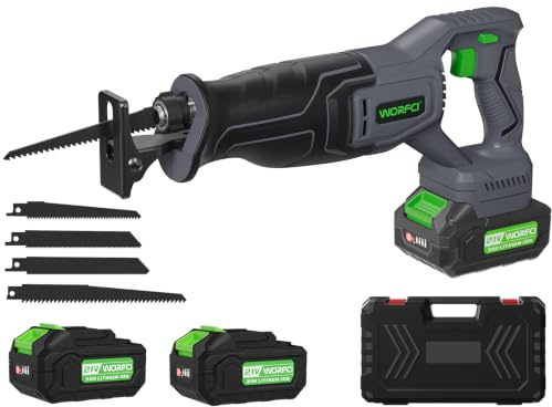 WORFCI Sega a Gattuccio con 2 Batterie, Motore Brushless con Variabile 0-3500 SPM, 4 Lame, Cambio Lama Senza Utensili per Taglio Legno/PVC/Metallo (WRS21)