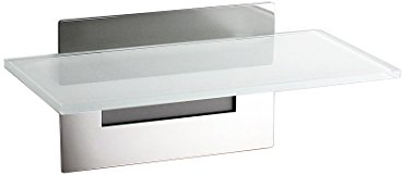 Schönbeck Design Ablage, Wandablage - OHNE Bohren - Badablage, Edelstahl/Glas - Made in Germany - (Weiss/poliert, Ablage lang)