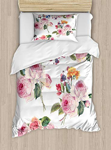 ABAKUHAUS Rose Duvet Cover Set, English Wild Roses Bouquet, Bedding Set 2 Pieces with 1 Pillow Shams, 130 x 200 cm - 70 x 50 cm, Multicolor