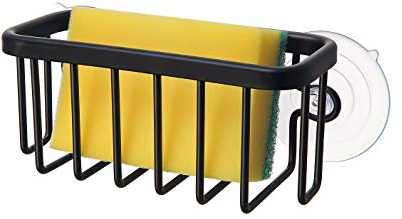 SunnyPoint NeverRust Spülbecken-Caddy für Schwämme, Schrubber, Seife, 15,2 x 6,3 x 7 cm, mit Klebehalterung, zusätzlicher Saugnapf im Lieferumfang enthalten, Aluminium, Schwarz
