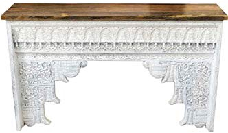 Orientalische Konsole Sideboard schmal Hadidza Weiss 150cm | Orient Vintage Konsolentisch orientalisch handgeschnitzt | Landhaus Anrichte aus Holz massiv | Asiatische Deko Möbel aus Indien