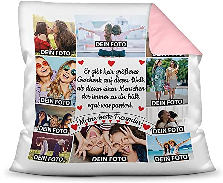 PR Print Royal Kissen mit Füllung - Fotocollage - Meine Beste Freundin - mit zehn Fotos selbst gestalten - Geschenkidee für Freundinnen - Farbkissen Rückseite Rosa, 40x40 cm