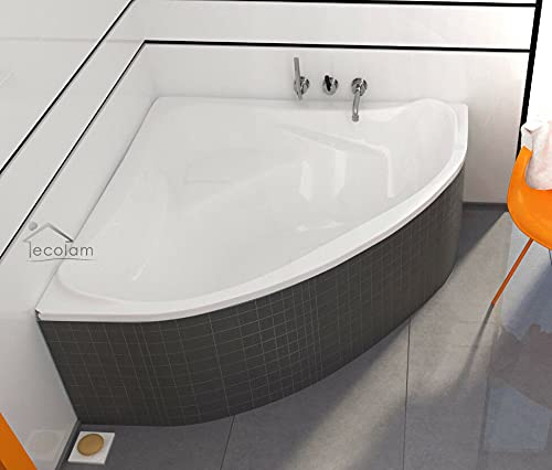 ECOLAM® symmetrische Badewanne Eckwanne Ewa 134x134 cm Acryl weiß + Wannenträger Styropor zum Verfliesen Ablaufgarnitur Ab- und Überlauf Automatik Füße Silikon Komplett-Set