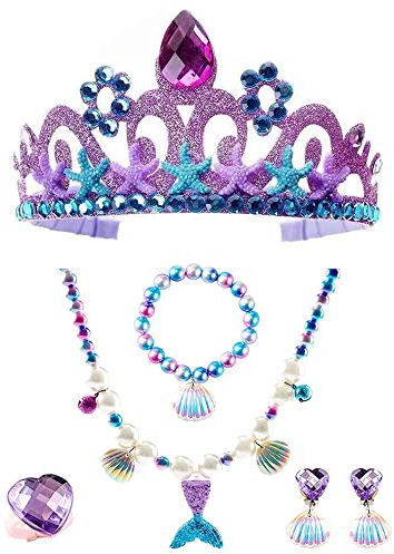 6 Stücke Meerjungfrau Prinzessin Schmuck, Prinzessin Verkleiden Geschenk, Kleine Mädchen Schmucksets, Inklusive Krone Ohrringe Halskette Armband Ring, für Tanzpartys, Festivals und Rollenspiele (lila)