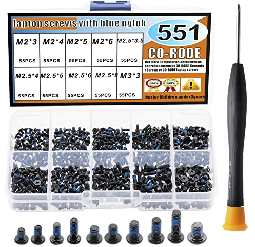 CO-RODE 551-teiliges Laptopschrauben-Set mit blauem Kleber, Schraubenzieher, für SSD Motherboard Lüfterleistung Grafik-Festplatte