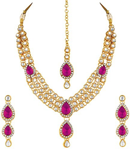 Aheli Indian Traditional Bollywood Kundan Maang Tikka Earrings Necklace Ethnic Bharatanatyam jewellery set Gift for Women