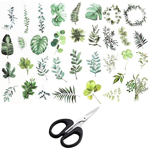 Blätter Scrapbook Stickers PVC Deko Aufkleber Grün Blatt Sticker Watercolors Scrapbooking Design 18 Bögen Sticker für Tagebuch Scrapbook Kalender Notizbuch DIY Dekoration(Grün)
