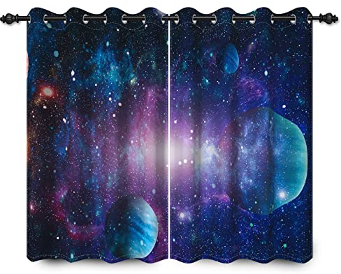 YONGFOTO 117x138cm Platz Gardinen für Jungenzimmer Großer Planet Heller Fleck Fantasie Galaxis Platz Verdunkelungsvorhänge für Themenspielzimmer Privattheaterraum, 2 Paneele mit Öse
