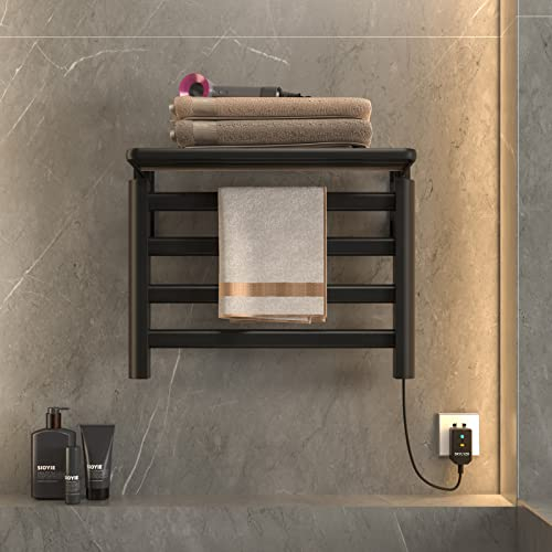 SKYLYZH Portasciugamani Elettrico, Scaldasalviette, Termoarredo Elettrico, 550x400mm, Temperatura Costante 55°, con Ripiano, Riscaldamento in Fibra di Carbonio, Antracite, Anti Ustione-Black Right