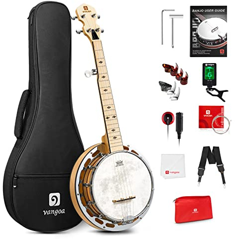 Vangoa Banjo 5 Saiten mit Tone Ring, 28 Zoll Mini Banjo Anfänger Kit, Maple Small Portable 5 String Banjo mit Fiberskyn Remo Head, Geared 5th Tuner