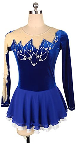 YDHTIZ Kinder Mädchen Eiskunstlauf Kleid Mädchen Winter Figure Skating Anzug Samt Wettbewerb Anzug Langarm Diamant Sparkly Activewear Ballerina Outfits (XS,Blue)