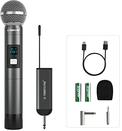 Phenyx Pro Digital Sistema de Micrófono Inalámbrico Profesional, con 1 Micrófono Dinámico de Mano de Metal, Mini Receptor, 5 Frecuencias UHF, para Karaoke, DJ, Canto, Iglesia, Boda(PDP-1-1H)