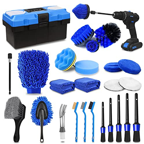 27Pcs Car Detailing Kit, Car Detailing Brush Set, Auto Detailing Drill Brush Set, Car Detailing Brushes, Car Wash Kit, Car Accessories, Car Cleaning Tools Kit for Interior, Exterior, Blue, 27PCS-Blue