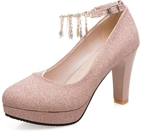 Décolleté con Tacco Largo da Donna, Pompe al Tallone Alto Punta Rotonda Fibbia Scarpe da Sera con Plateau con Cinturino alla Caviglia Brillantini Eleganti Yfptsy Rosa Numero 39 EU