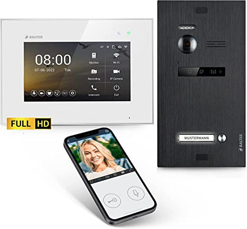 Balter EVO-HD Video Türsprechanlage, Video Türklingel, Smartphone App, 1 Familienhaus Klingel, 7 Zoll HD-Monitore, Full HD-Kamera, 2 Draht Bus, Gegensprechanlage mit 175° Weitwinkel, Schwarz