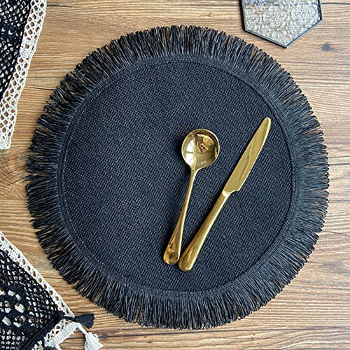 6PCS Tischset Rund, Platzset Rund Jute Handgewebt Quasten Rund Platzsets, Platzdeckchen Boho Retro Tischsets Abwaschbar Hitzebeständig Tischunterlagen (Schwarz)