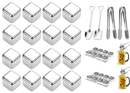 Hitopin 16 Pieces Stainless Steel Ice Cubes, Whiskey Stones, Reusable Ice Cube, Reusable Wine Stones, Stainless Steel Whiskey Stones, for Cooled Beverages, Whiskey, Beer, for Party Holiday Wedding