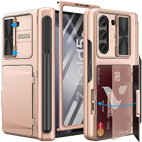 Vihibii pour Coque Samsung Galaxy Z Fold 5 avec Porte-S Pen & Porte-Cartes & Couvercle de l'appareil Photo & Avant Protection Écran & Protection Magnétique des Charnières, Antichoc pour Fold 5, Rose