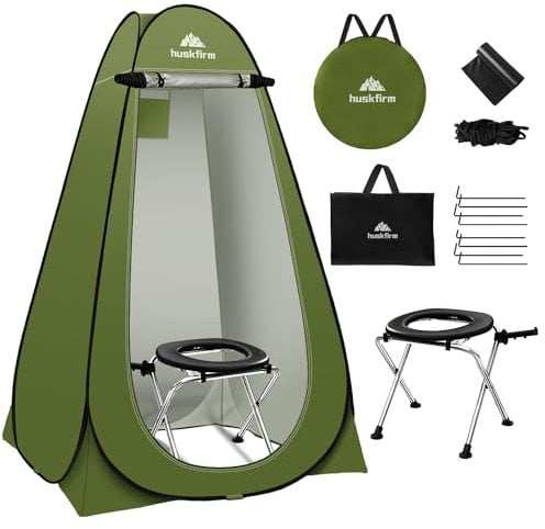Huskfirm Kit WC portatile per adulti, tenda pop-up per la privacy, in acciaio inox, portatile, da campeggio, con tenda per WC, tenda da doccia portatile istantanea per esterni, spogliatoio