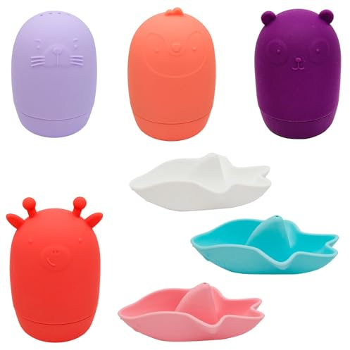 Dhnvcud 4 Stück Spritztiere Badewannenspielzeug mit 3 Stück Hai Boote ab 1 2 3 4 Jahr, Silikon Badespielzeug Baby, Schimmelfreies Wasserspielzeug Kinder, Wasserspielzeug Baby ab 6 Monate