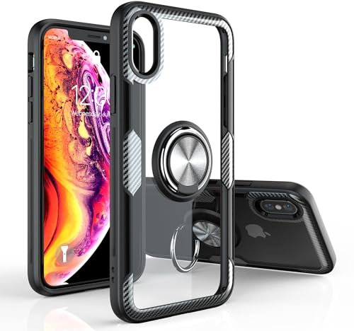 Kitoo Made in USA Designed for iPhone X/XS Max Case - Carbon Fiber Trim & Ring Stand | Anti-Yellowing | 12ft Drop Tested - Black
