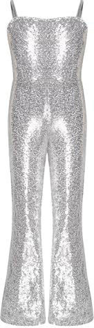 TiaoBug Mädchen Pailletten Jumpsuit Overall Spaghettiträger Ganzkörper Body mit Schlaghose Festlich Hosenanzug Party Bühne Tanz Leotard Silber lang 146-152